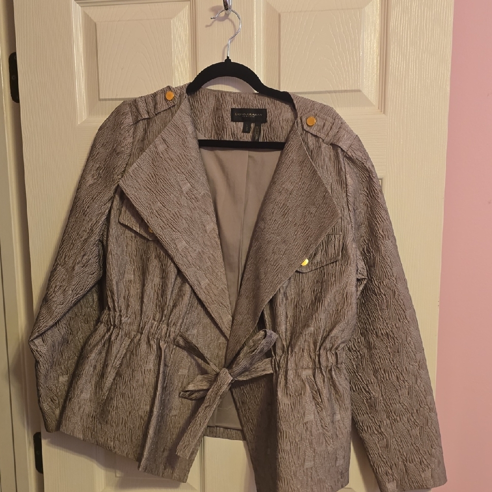 Donna Karan Textured Gray Trench Coat with Gold Buttons
